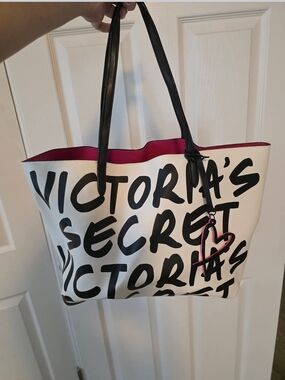 Victoria's Secret White & Black Logo Tote with Pink Interior